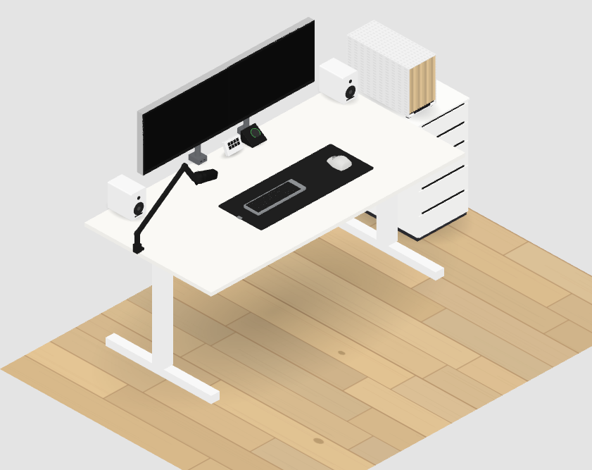 A real desk setup built in Juddesk — dual BenQ monitors on arms, a Lofree keyboard, mouse, speakers and a mic, all at true-to-life scale in isometric 3D