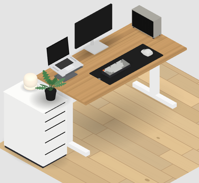The same Juddesk setup viewed in isometric 3D, every product modeled at its real-world dimensions so the layout reflects what actually fits